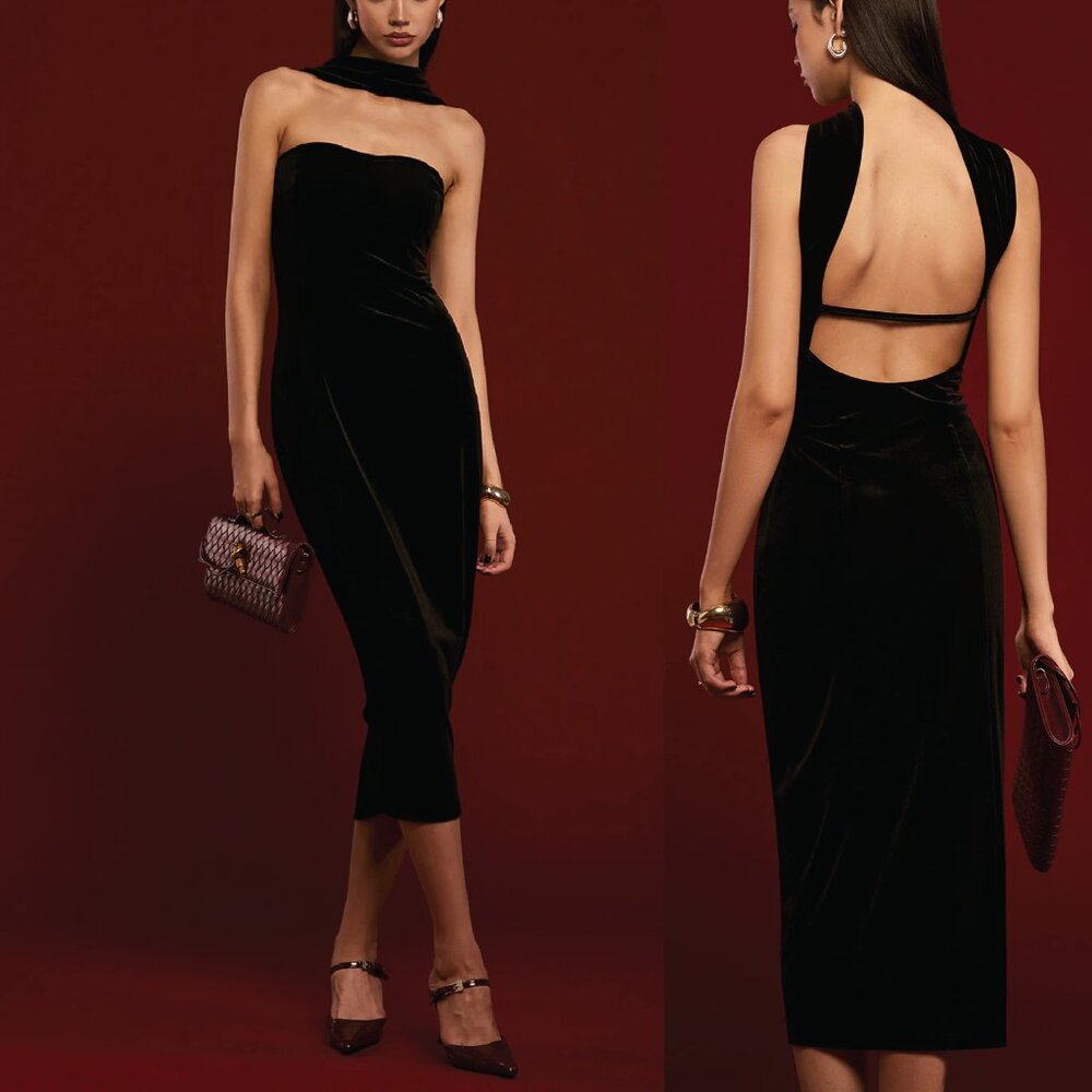 Sweetheart Strapless Halter Neck Backless Velvet Dress Midi Stretch